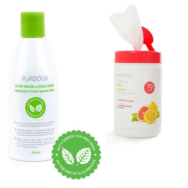 CPAP Reinigungsmittel Grüner Tee/Minze 250ml & CPAP Reinigungstücher Grapefruit/Zitrone 70 Stück