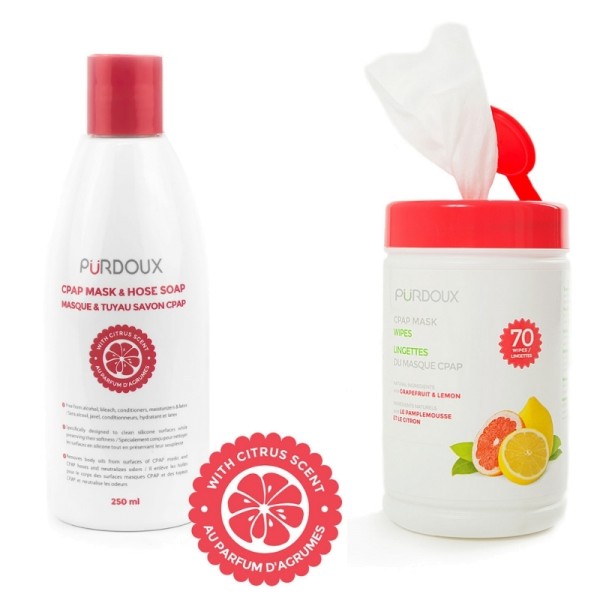 CPAP Reinigungsmittel Grapefruit/Zitrone 250ml & CPAP Reinigungstücher Grapefruit/Zitrone 70 Stück