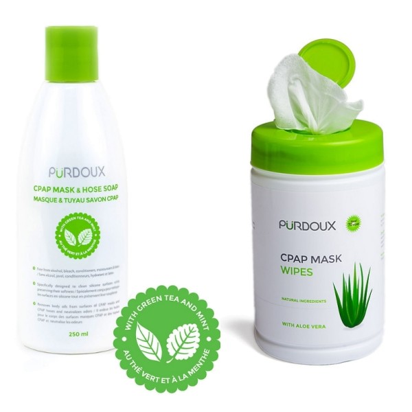 CPAP Reinigungsmittel Grüner Tee/Minze 250ml & CPAP Reinigungstücher neutraler Duft Aloe Vera