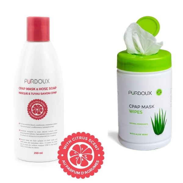 CPAP Reinigungsmittel Grapefruit/Zitrone 250ml & CPAP Reinigungstücher Aloe Vera 70 Stück